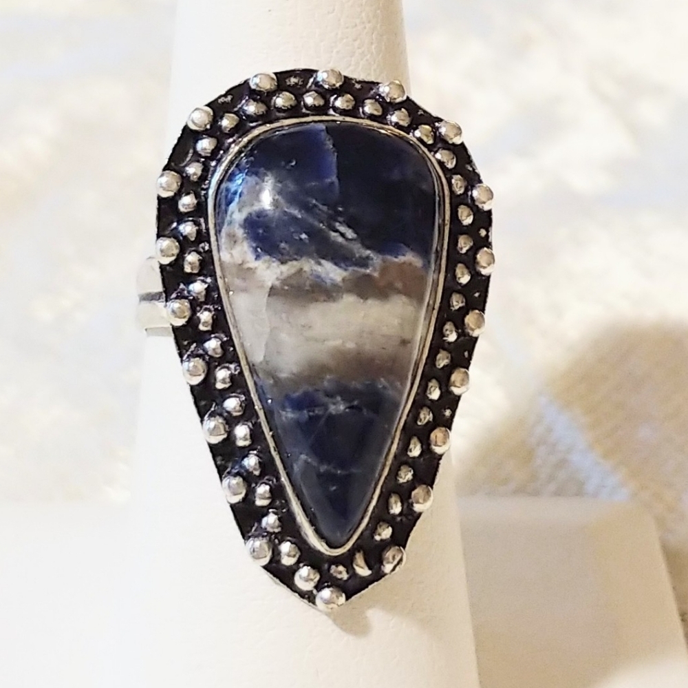 NWOT Natural Sodalite Boho Ring Artisan .925 Sterling Silver Overlay
